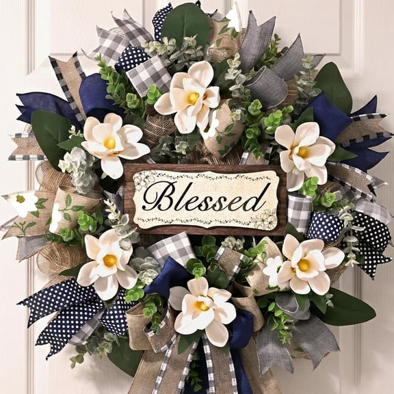 Faux Magnolia Front Door Wreath for All Seasons, Spring Summer Greenery Wreath with Blue Grey Bow, Farmhouse Wall Decor for Patio and Entryway