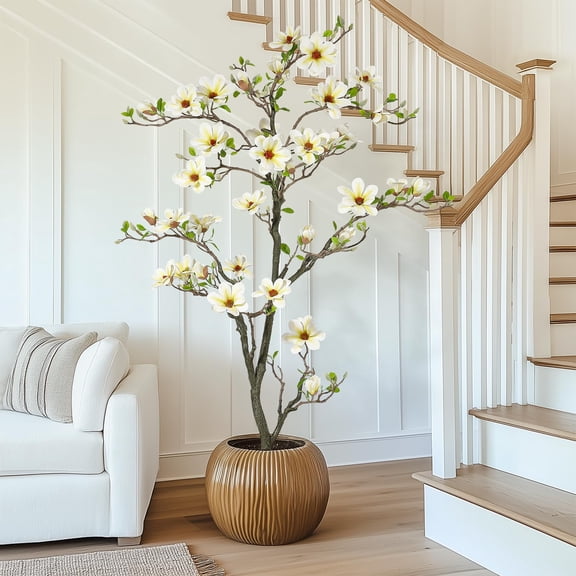 Faux Magnolia Plant Artificial Flower Tree Fake Plant for Yard Patio Home Office Arrangement Decor Artificial Magnolia Tree with Realistic Flowers Vivid Leaves Mosses and Lighting