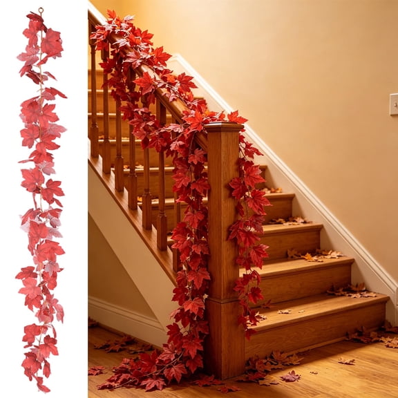 Faux Maple Leaf Garland, Seasonal Hanging Vine Decor, Flexible Autumn Foliage For Fireplace Mantel Dining Table Front Door Wall Harvest Celebration Home Decoration