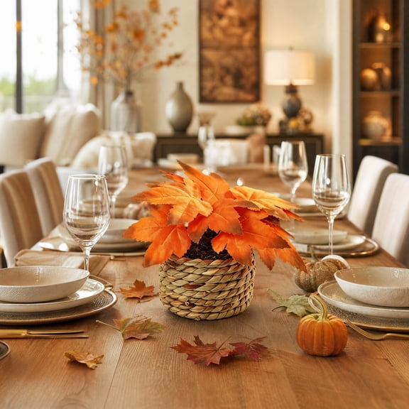 Faux Maple Leaf Potted, Natural Straw Basket Planter, Handwoven Textured Base and Adjustable Leaves for Dining Table, Entryway Console, and Thanksgiving Mantel.