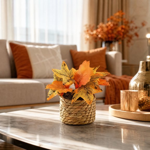 Faux Maple Leaf Potted, Natural Straw Basket Planter, Handwoven Textured Base and Adjustable Leaves for Dining Table, Entryway Console, and Thanksgiving Mantel.