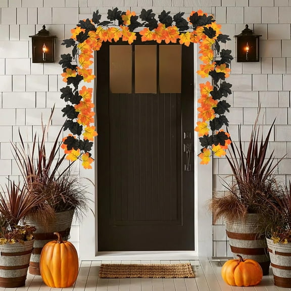 Faux Maple Leaf Vines, Faux Greenery Garland, Durable Plastic Construction, Realistic Fall Foliage, for Thanksgiving Table Centerpieces, Wall Decor, and Party Backdrops, Black and Green, By FAJHHA