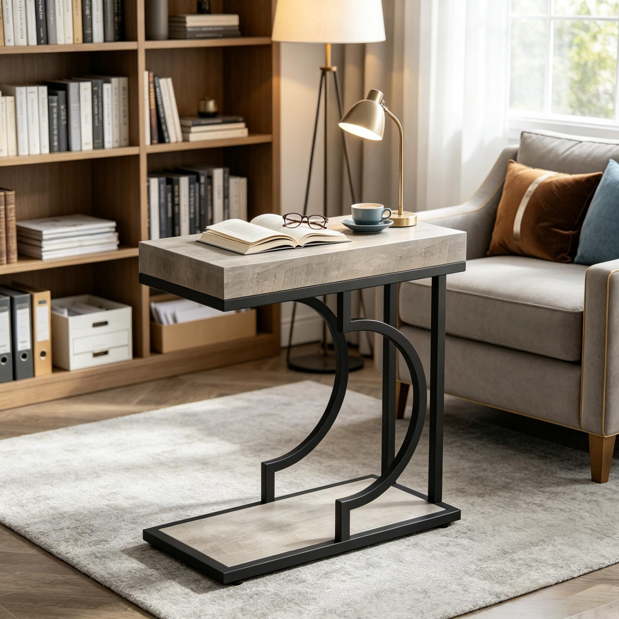 Faux Marble C-Shaped End Table Modern Gold Metal Frame, Compact Waterproof Scratch Resistant Side Table, Lightweight Movable Accent Table for Living Room Small Space Decor