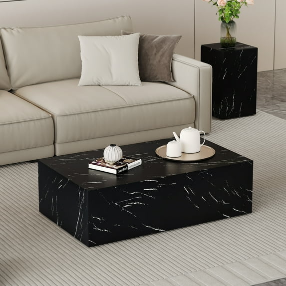 Faux Marble Coffee Table, Rectangle MDF Sofa Side Table for Living Room, Coffee Table Tea Table Center Table for Home, TV Table (Coffee Table - Black)