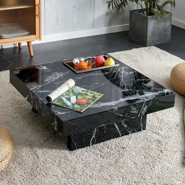 Faux Marble Coffee Table, Sudica 31" Square Center Table with Stainless Steel Storage Cocktail