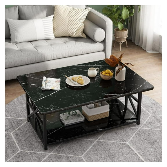 Faux Marble Coffee Table for Living Room,Modern 2-Tier Coffee Table with Storage,Rectangular Center Table for Sofa,Sturdy Frame,Black