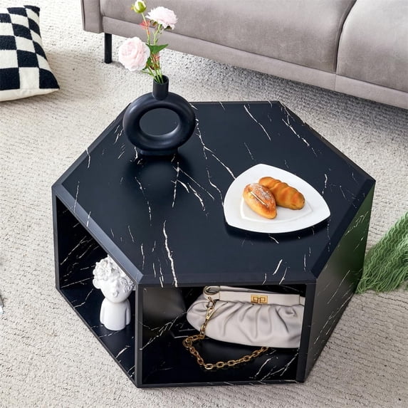 Faux Marble Coffee Table with Storage, Geometric Living Room Table