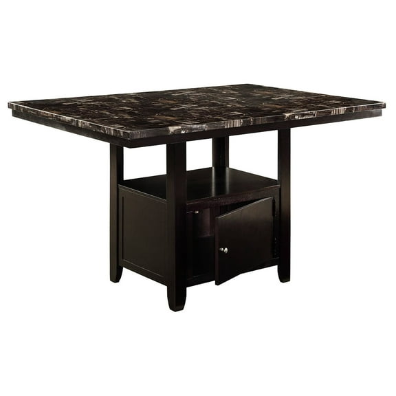 Faux Marble Counter Height Dining Table With Brown Top And Shelf Storage, Modern Construction Rectangular Storage Base
