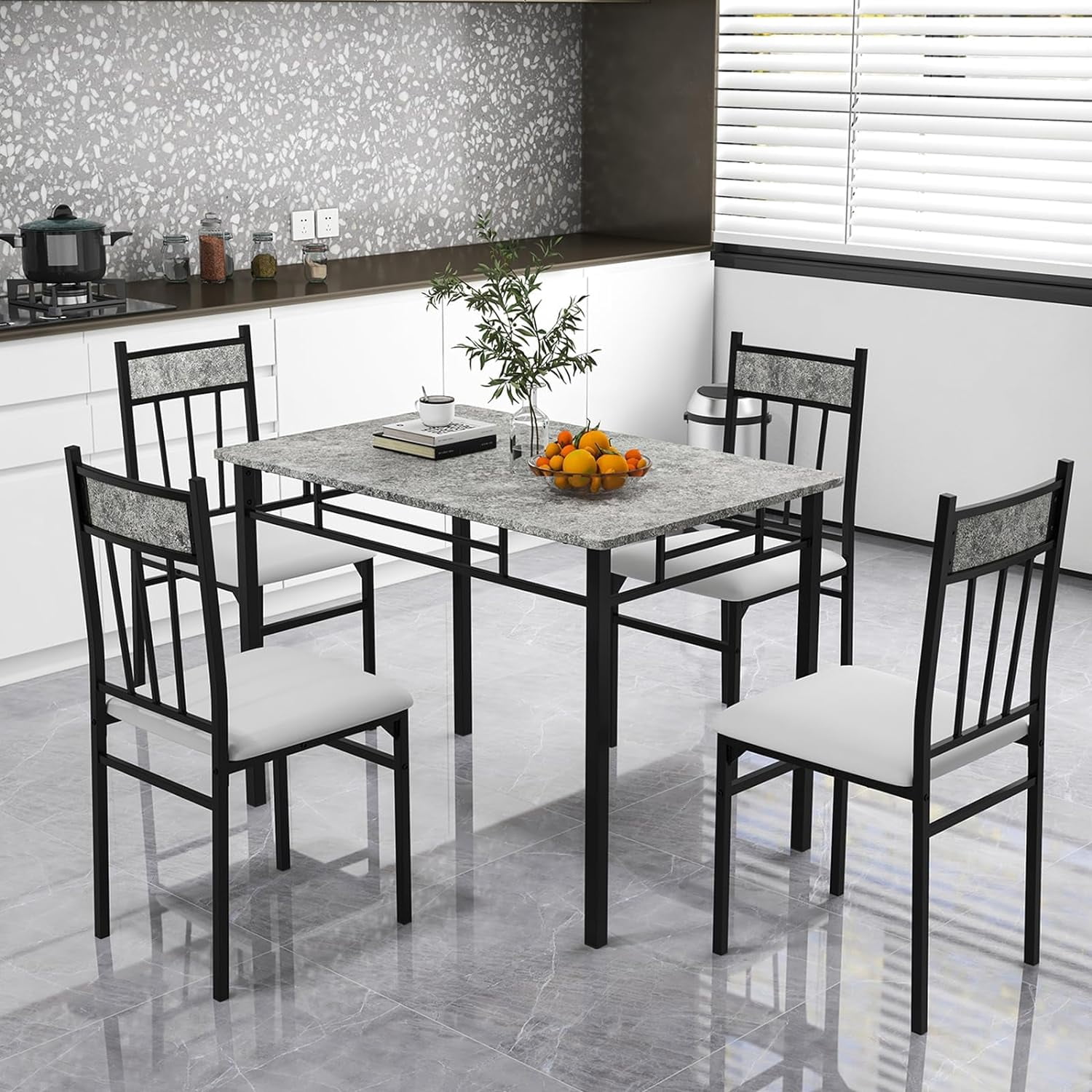 Faux Marble Dining Set for 4, Kitchen Table Set w/ 4 Upholstered PVC Chairs & Metal Frame ...