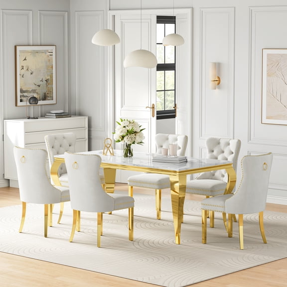 Faux Marble Dining Set of 7, Marble Pattern Table with S-Shaped Stainless Steel Legs, Velvet Dining Chairs with Nailhead Trim, Modern Style for Living Room, Dining Room, Conference Room