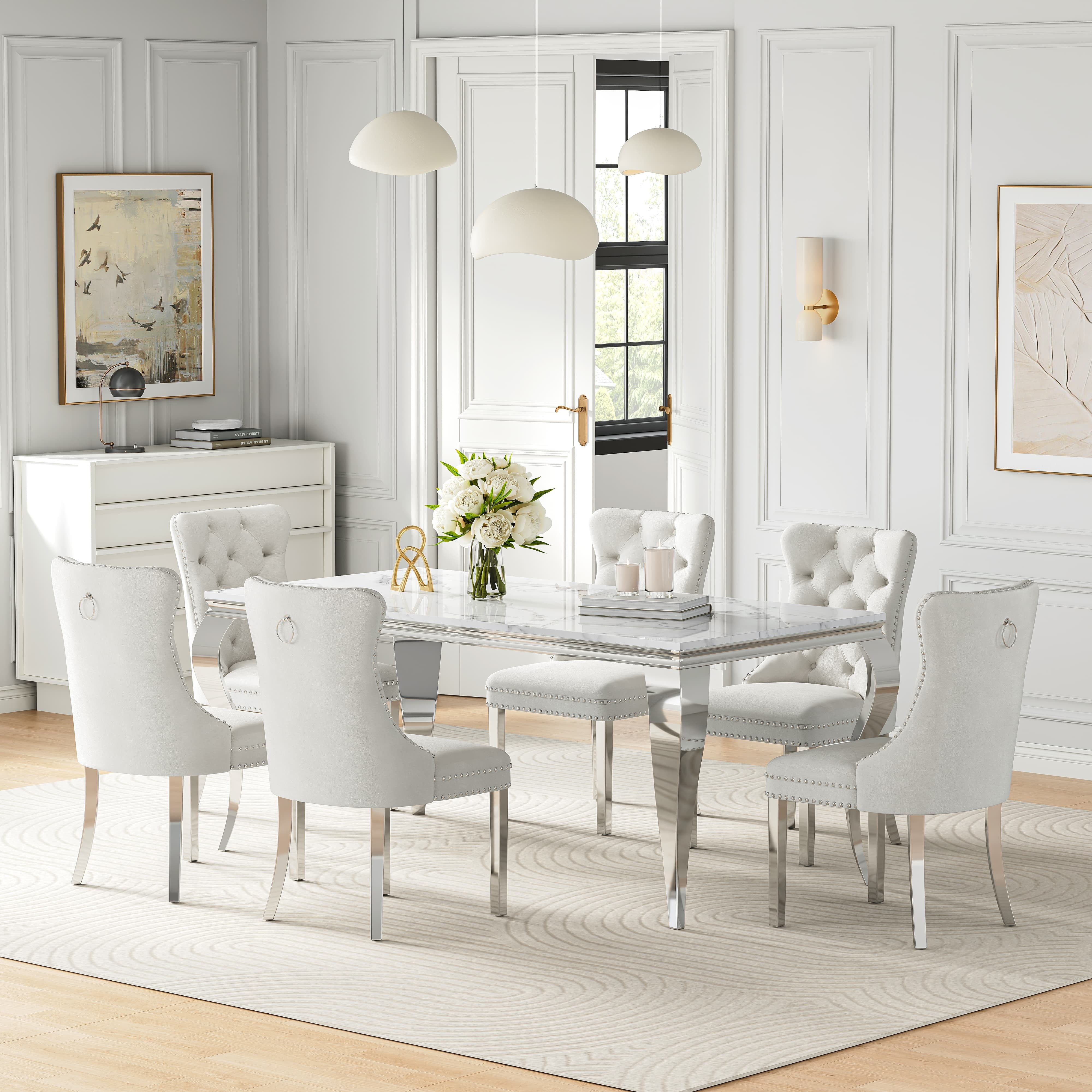 Faux Marble Dining Set of 7, Marble Pattern Table with S-Shaped Stainless Steel Legs, Velvet Dining Chairs with Nailhead Trim, Modern Style for Living Room, Dining Room, Conference Room