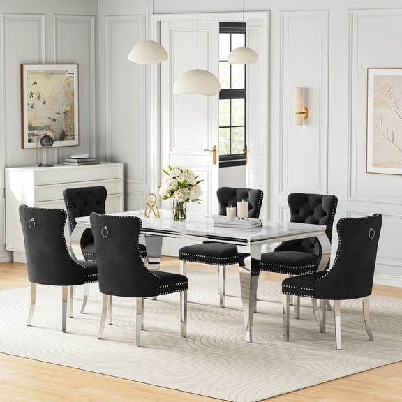 Faux Marble Dining Set of 7, Marble Pattern Table with S-Shaped Stainless Steel Legs, Velvet Dining Chairs with Nailhead Trim, Modern Style for Living Room, Dining Room, Conference Room