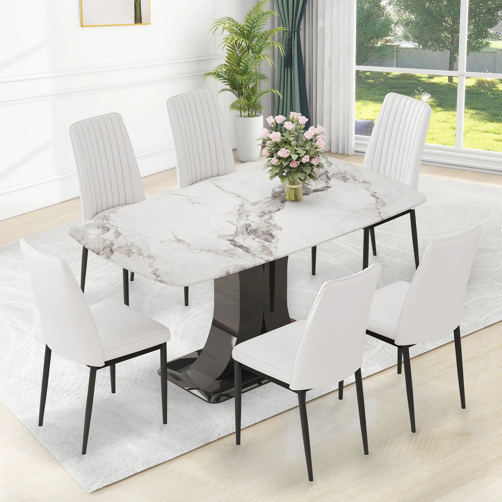 Faux Marble Dining Table Set with Convertible Base, Luxury Rectangular ...