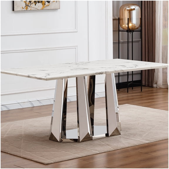 Faux Marble Dining Table with Chrome Legs, Silver White Rectangular Table for Dining Room, Seats 6 to 8