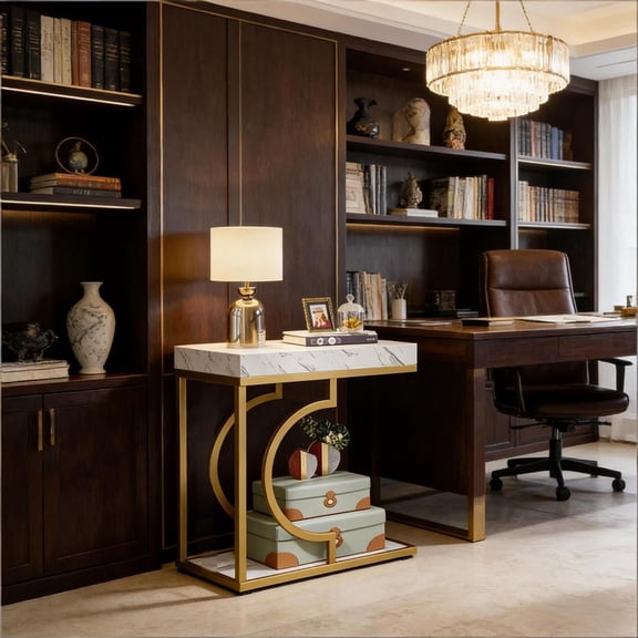 Faux Marble End Table with Gold Semicircular Frame 23.6x11.8x24.2 Inch Compact Stable Bedside Table Stylish C-Table for Living Room Bedroom Small Space