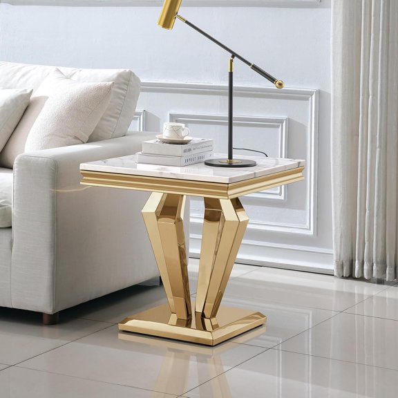 Faux Marble End Table Luxury Square Sofa Side Table with Gold Diamond Base Mid-Century Elegant Bedside Table w/Mirrored Stainless Steel Frame for Living Room Bedroom | Square Marble Grain Side Tables