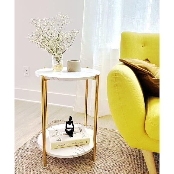 Faux Marble End Table Side Table Marble Nightstand for Living Room or Bedroom Modern Accent Table with Metal Frame