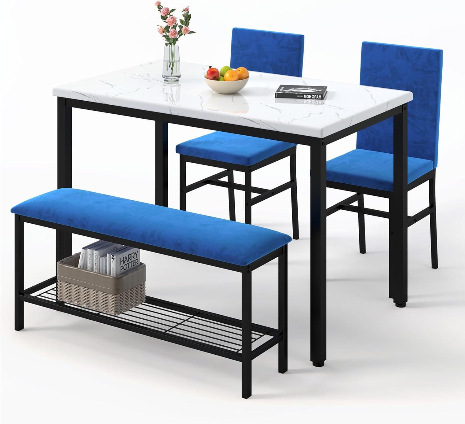 Faux Marble Kitchen Table with Velvet Chairs and Storage Net , Dining Table Set for Dining Room ...