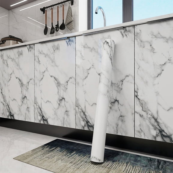 Faux Marble Patterned Adhesive Film - Waterproof Oil-Resistant Vinyl Wrap for Kitchen Countertops, Cabinets, Cabinet Doors, 118 x 24 Inches