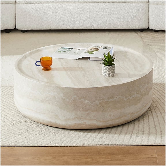Faux Marble Round Coffee Table, No Assembly Required Modern Living Room Center Table with Waterproof Scratch-Resistant Surface