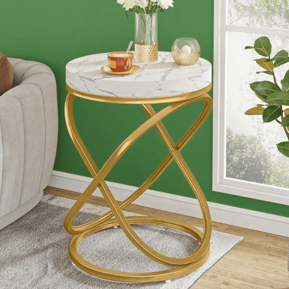 Faux Marble Round End Table, Large Top, Gold Metal Frame for Bedroom/Living Room as Nightstand/Sofa Side Table