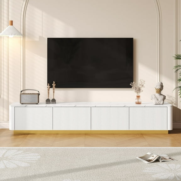 Faux Marble TV Stand with 4 Drawers, Luxury Media Console for Up to 85" TVs, Curved Profile Entertainment Center with Gold Base for Living Room, White