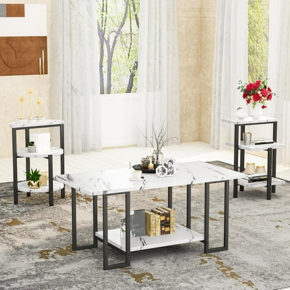 Faux Marble Table Set,Coffee Table & 2 Side Table, Faux Marble Tabletop and Metal Frame, 3 Piece Table Sets, for Living Room Apartment,White & Black