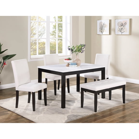 Faux Marble Top 5pc Dining : 3 Chairs, Bench, Table, White Leather, Room Ensemble Modern With Tabletop, Bench And Leather Seats