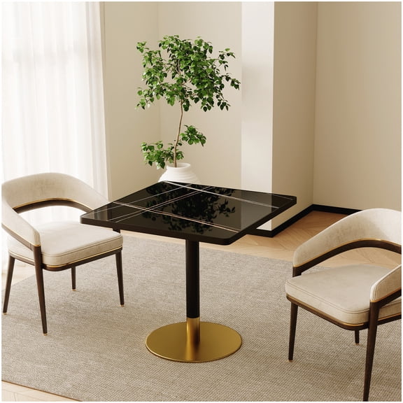 Faux Marble Top Bistro Table, 31.5 Inch Round Tulip Table with Black and Gold Metal Base, Modern Kitchen Dining Table Set for 2