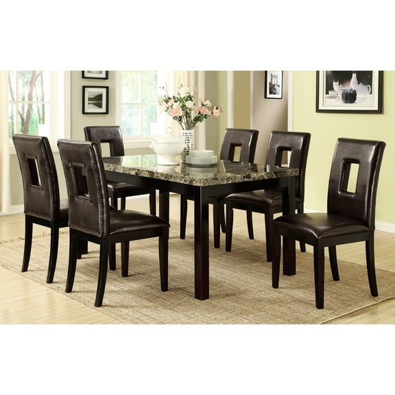 Faux Marble Top Dining Table In Contemporary Style With Birch Legs Dark Brown Veneer Accents