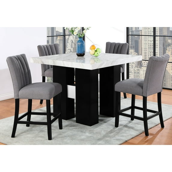 Faux Marble Top Dining Table In White With 4 Upholstered , Rubberwood Frame And Black Base Double-pedestal Square Double Construction