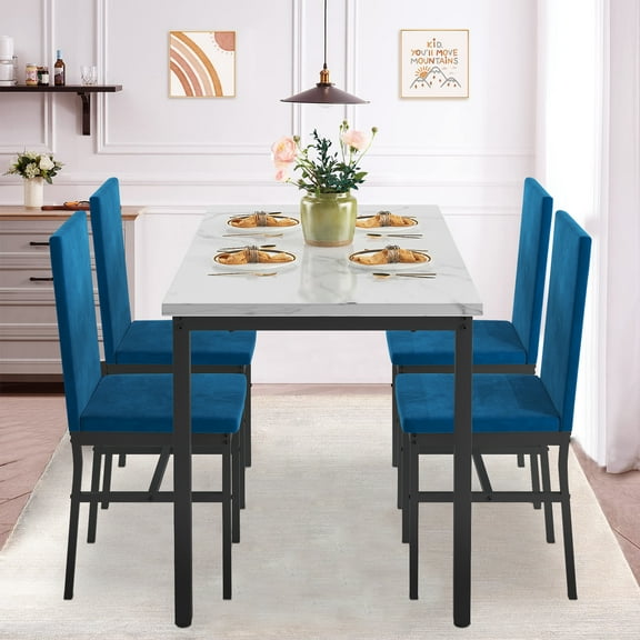 Faux Marble Top Dining Table Set, 5 Piece Dining Room Table Set for Small Spaces, Kitchen Table and 4 Velvet Chairs, Rectangular Modern Bistro Table Set, Steel Frame, Easy to Assembe,B1451