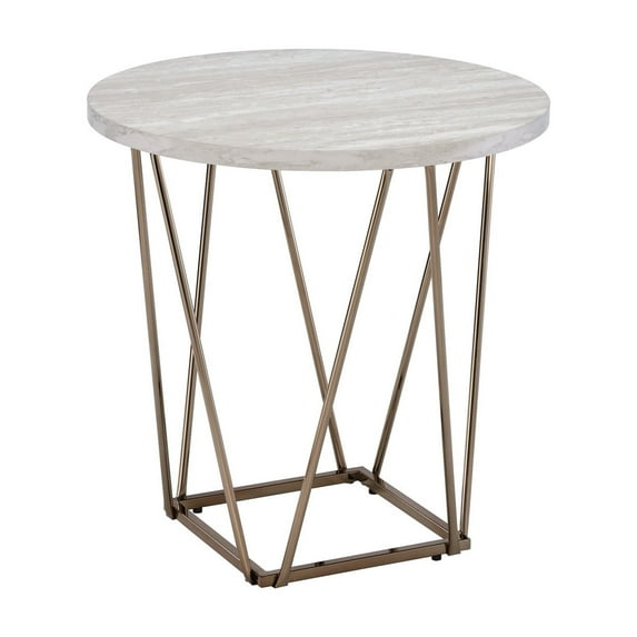 Faux Marble Top Side Table, Gray - 24" Height, Hexagonal Web-style Metal Base, Stable And Practical Round Shaped Top, Adjustable Levelers, Stylish Option