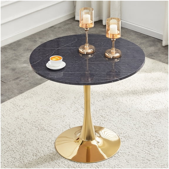 Faux Marble Tulip Table, Round Dining Table with Metal Pedestal for Small Space, Modern Kitchen and Cafe Table in Gold/Gray