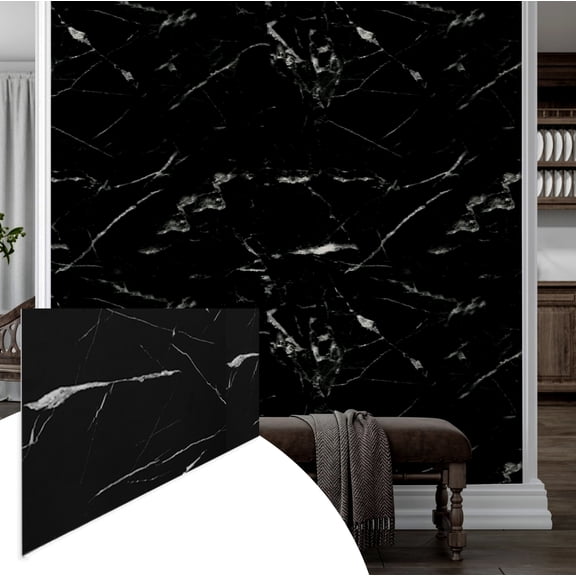 Faux Marble Wall Panels - 2X4 - Glossy - Black, White Veins - Covers 31 sqft