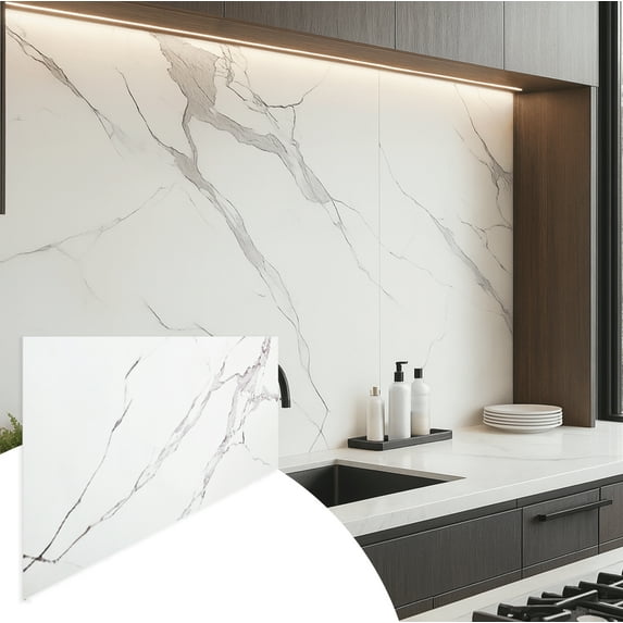 Faux Marble Wall Panels - Sample - Glossy - White, Grey Veins