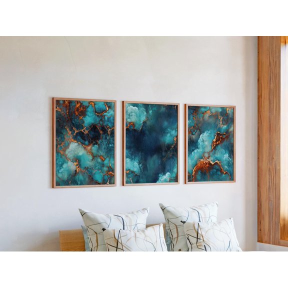 Faux Metal Plate Rusted Copper Triptych Turquoise Verdigris Texture Industrial Gallery Set Decorative Wall Art Poster, , Poster Only