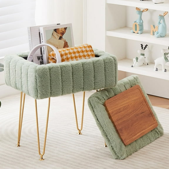 Faux Mink Fur Storage Ottoman, Modern Soft Footstool, Storage Bench with Metal Legs, Vanity Seat, Fur Stool, Ottoman Coffee Table, Makeup Chair, Vanity Stools for Bedroom (Light Green)