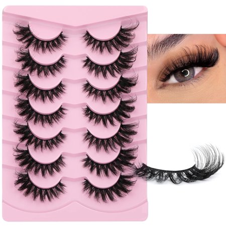 Faux Mink Lashes Fluffy Cat Eye Natural Look False Eyelashes Volume Wispy Fox Eye Crossed 17MM Thick Fake Lashes Look Like Eyelash Extensions Pestañas 7 Pairs Pack