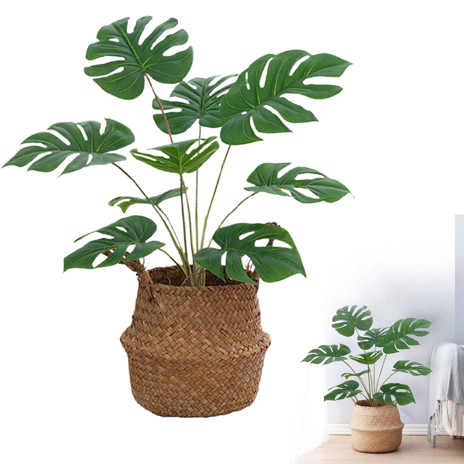Faux Monstera Deliciosa Plant - Bendable Stems with Lifelike Leaves - Waterproof Fake Tropical Plant for Vase, Garden, Bedroom - No Maintenance Home Decor ++Basket