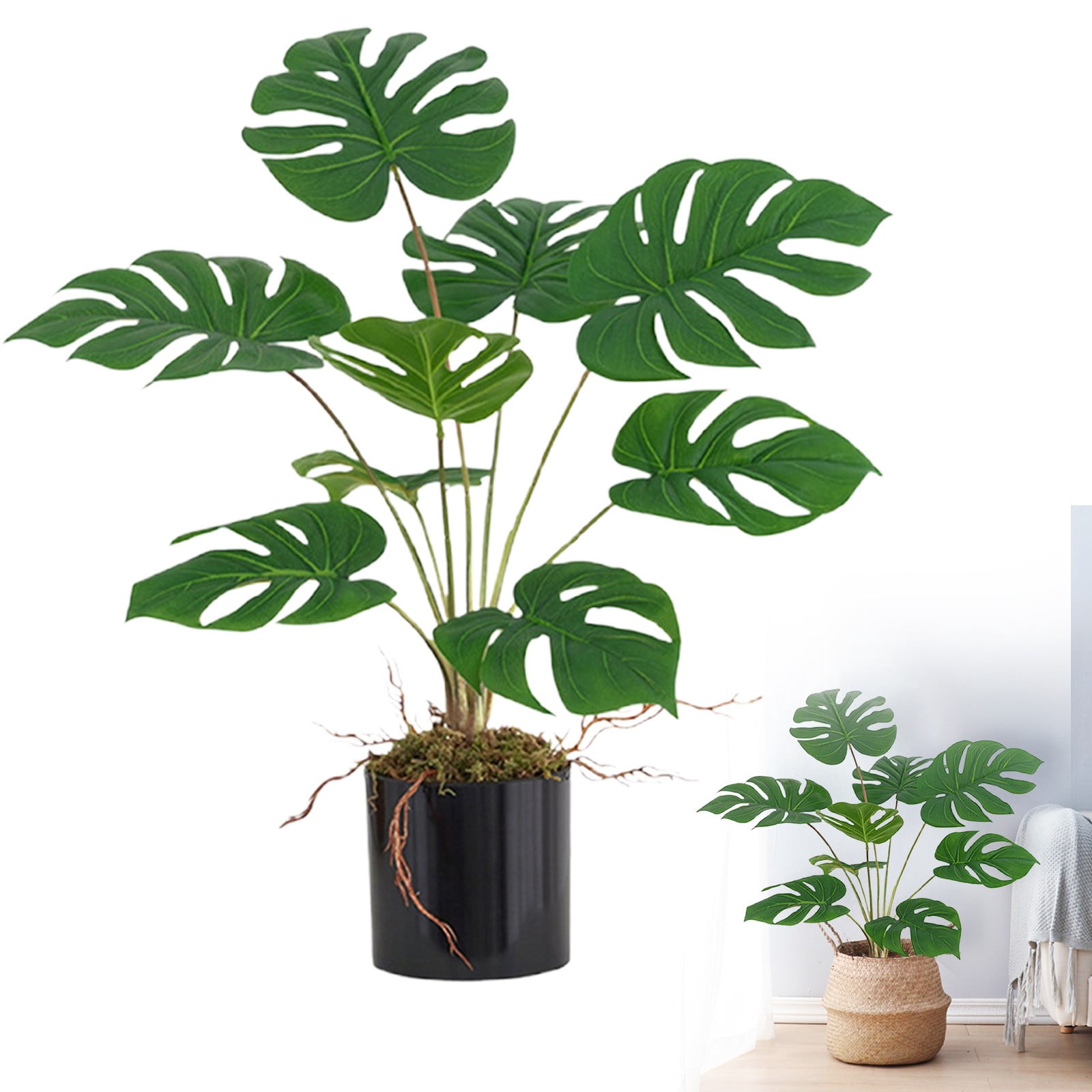 Faux Monstera Deliciosa Plant - Bendable Stems with Lifelike Leaves - Waterproof Fake Tropical Plant for Vase, Garden, Bedroom - No Maintenance Home Decor +Black basin