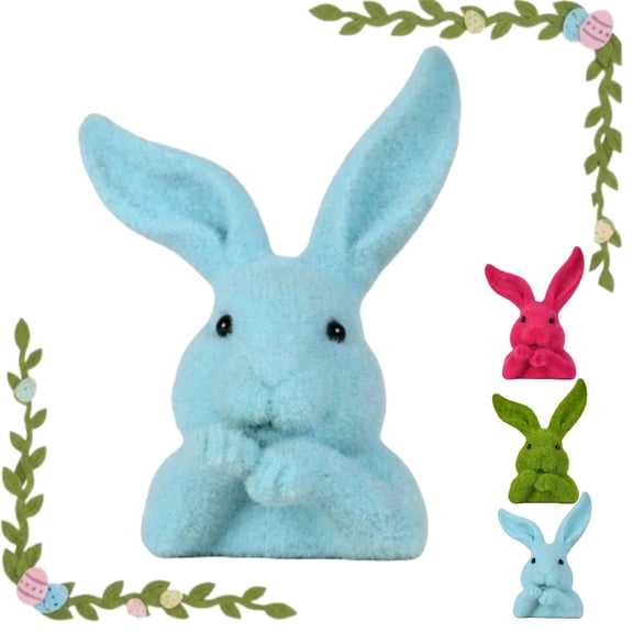 Faux Moss Flocking Rabbits Head Figurine Decoration for Living Room Garden Balconies or Easters Tabletop Display Ornament Flocking Resin Bunnies Head Ornament,Blue