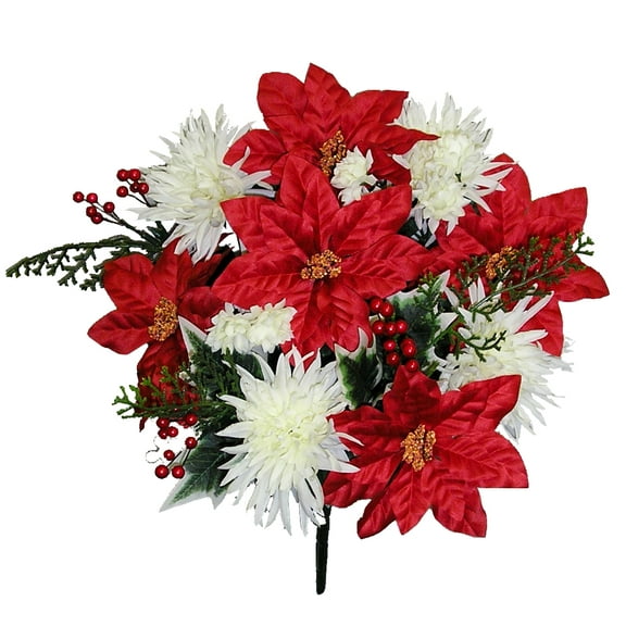 Faux Mum Poinsettia Berries Christmas Mixed Bush