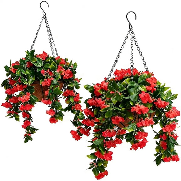 Faux Myrtle Hanging Baskets,Set of 2 Artificial Fake Hanging Plants Flowers,Weather Resistant UV Fade Proof,Lifelike Outdoor Indoor Decor for Spring Summer,15 Inch with Chain