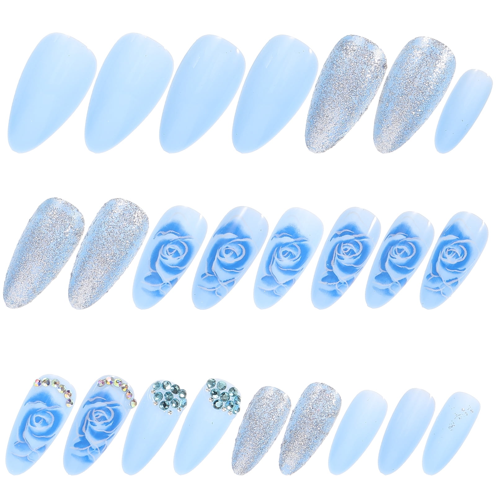 Faux Nails Artificial Blue Rose Wearable Stickers with Diamonds Fake