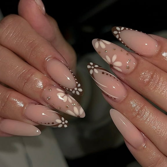 Faux Nails Autumn Gleaming Flower Teardrop Print Mediumed Length Press On Nails 24Pieces Artificial Fingernails