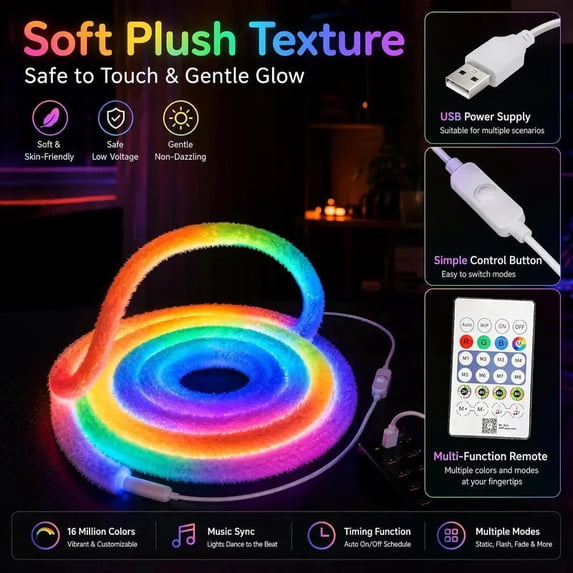 Faux Neon Rainbow LED Strip Lights, USB Powered Flexible Neon Rope ...