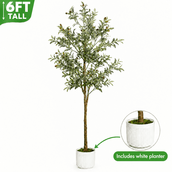 Faux Olive Tree, 6FT Artificial Tree Indoor with White Fluted Planter, Tall Fake Plants Lifelike Fruits for Home Office Room Decor