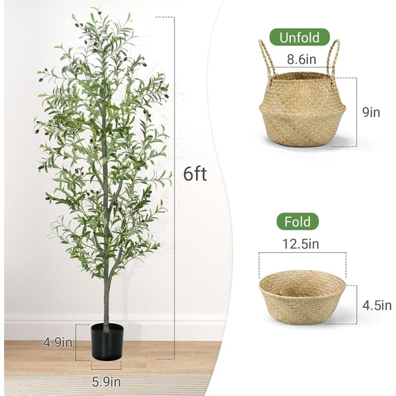 Faux Olive Tree 6FT Silk Plant Artificial Indoor with Wicker Basket Planter, Tall Fake Potted Olive Trees Natural Wood Trunk & Fruits for Home Office Decor