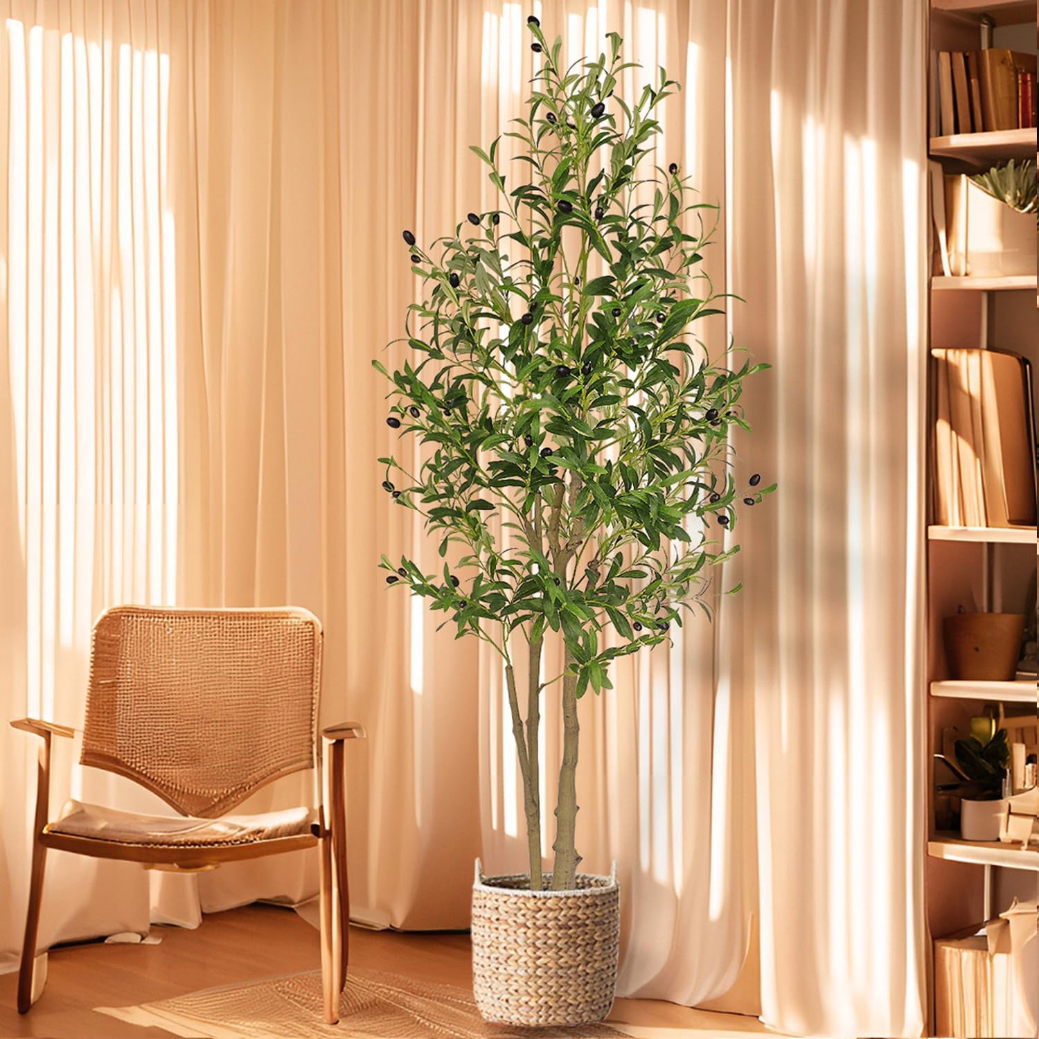Faux Olive Tree 6ft, Realistic Tall Silk Olive Trees Artificial Indoor Decor - Large Fake Olive Tree with Realistic Leaves and Fruits for Modern Home Office Living Room Bedroom Stairs Foyer Decor